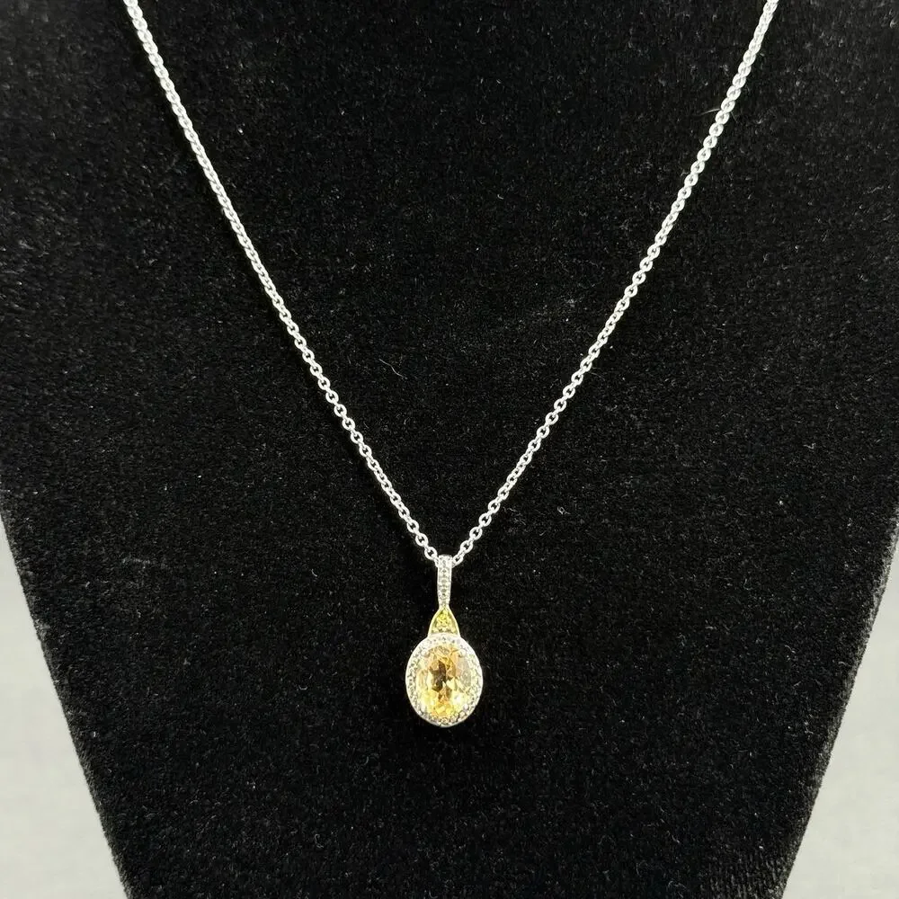 Signed STS 925 Sterling Silver Yellow Citrine Halo Pendant Necklace & Stud Earri